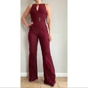 Jovani Burgundy Keyhole Belted Jumpsuit